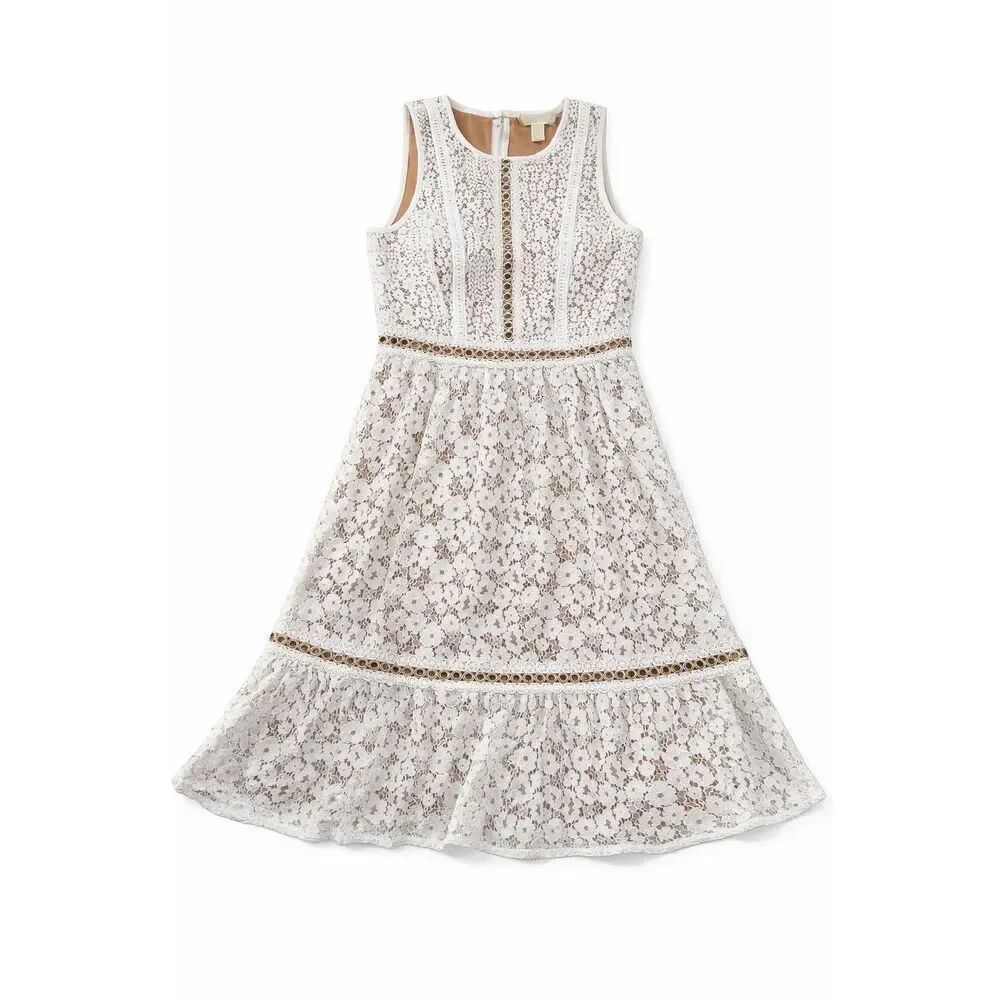 NWT Michael Kors White Sleeveless Modern Floral Lace Mini Dress Size 00 New